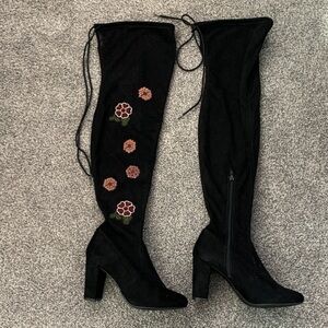 Chinese laundry Black Floral Embroidered thigh High suede Boots